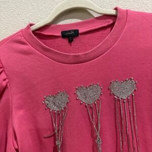 Ontweth Pink Puff Sleeve Embellished Heart Rhinestone Sweatshirt Women's XL
